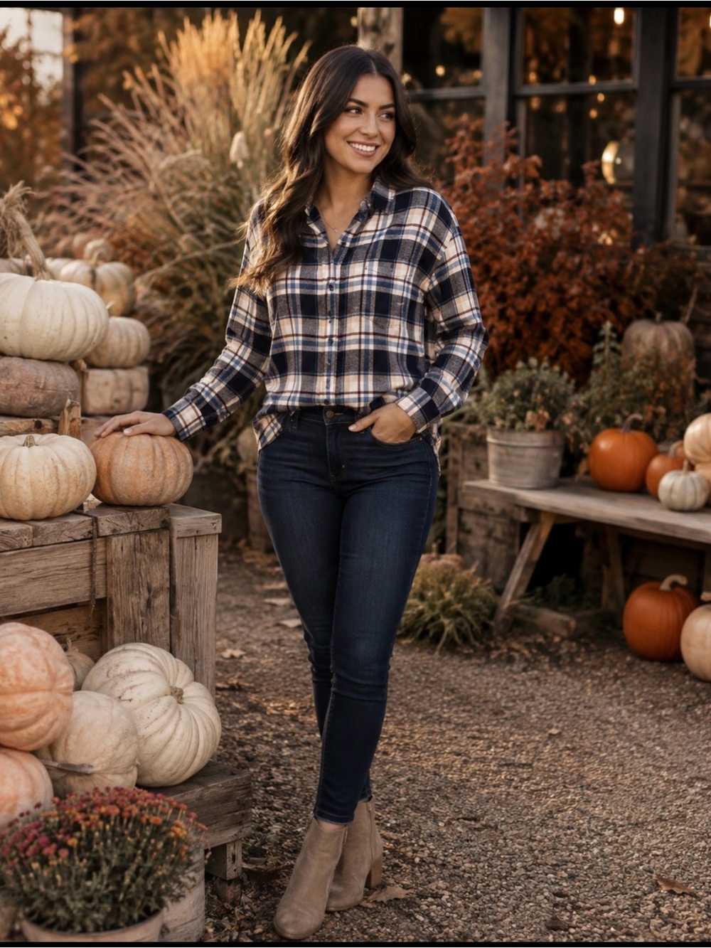 Weatherproof Plaid Button-Down Shirt - Navy, Cream, Tan